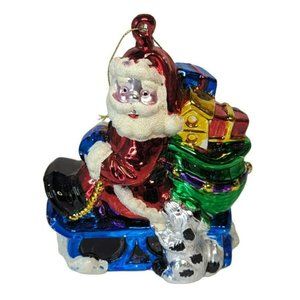 Vintage Hand Blown Glass Santa on Blue Sled With Toys and Dog Christmas Ornament